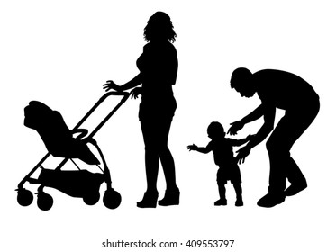 Family with baby and pram on a walk. Man, woman and child. Silhouettes on a white background.