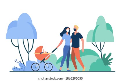 Familia con un bebé en una parrilla usando máscaras. Ilustración vectorial plana infantil, buggy, park. Concepto de pandemia y protección para banner, diseño de sitios web o página web de aterrizaje