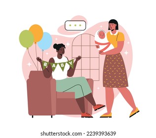 Family at baby shower parties. Young mother brings newborn baby home. Friends decorate apartment and celebrate birth of child. Sip and See event. Cartoon contemporary flat vector illustration
