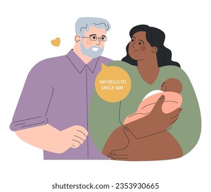Family. Baby shower party. Happy relative or family friend welcoming newborn kid, new born child. Young woman holding a child. Flat vector illustration
