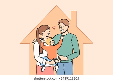 Family with baby is standing inside house after purchasing own home with mortgage or taking out property insurance. Happy husband and wife rejoice in renting new house in good area