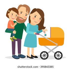 Family with baby in stroller. Mother and father with baby stroller. Vector illustration