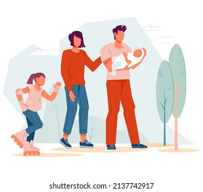 Family with a baby and a teenage child is walking in the park. Family summer walk, joint recreation, flat cartoon vector illustration isolated on white background.