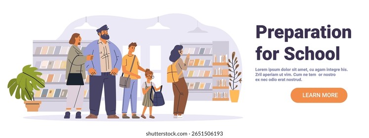 Family back to school shopping bookstore parents children browsing shelves plants modern interior website banner