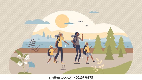 Family backpacking trip and hiking adventure with parents tiny person concept. Summer walking sport with kids as quality time together vector illustration. Tourist camping or trail trekking activity.