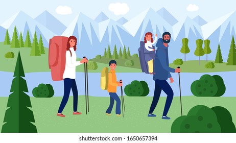 A family with backpacks goes on a hike against the background of mountains, around the lake, trees. Vector illustration in cartoon style. eps 10