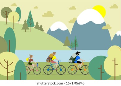 Family with backpacks on bicycles in nature. Family trip, travel, vacation. nature Weekend. Healthy lifestyle. Active holidays in mountains with family