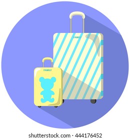 Family baggage case set, flat style vector illustration, adult and child suitcase, baggage case with bear, striped case, hardside wheeled baggage case with trolley handle, summer travel with kid image