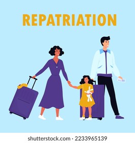 Family with baggage and tickets repatriating. Repatriation concept. People going to another country, travelling. Flat vector illustration.