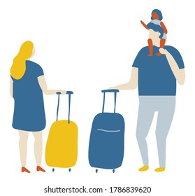 Family With Baggagee In Airport. Flat Vector