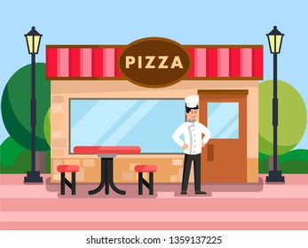 Family Bakery Building Flat Vector Illustration. Pizzaiolo Cartoon Character Standing at Cafe Outdoor Terrace. Pizzeria, Cafeteria in Countryside. Confident Chef Waiting for Customers