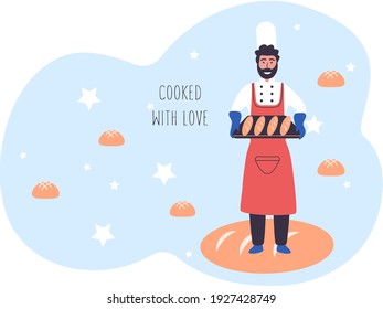 Family bakery concept with happy bearded man baker holding tray of baguettes. Bread merchant with long loaf. Happy guy in apron and hat, pastry-cook in uniform working in bakehouse on blue background