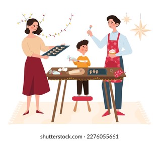 Family baking gingerbread. Man and woman with their son preparing cookies for festive New Year or Christmas table. Family vacation and leisure. Culture and traditions. Cartoon flat vector illustration