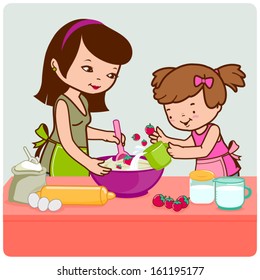 Family baking at home. Mother and her daughter cooking in the kitchen. Vector illustration