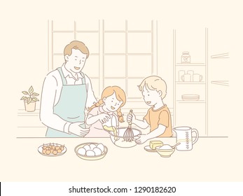 Family baking together in the kitchen in line style illustration Family baking together in the kitchen in line style illustration