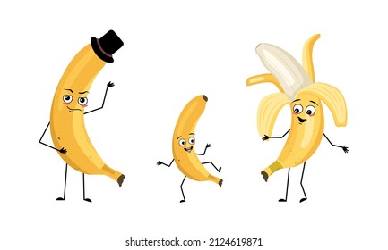 Family of banana fruit characters with happy emotions, smile face, happy eyes, arms and legs. Mom is happy, dad is wearing hat and child is dancing. Vector flat illustration