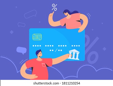 Family banking and blue credit card interest rate. Flat vector illustration of man and woman holding a big credit card to represent some new features online banking and investing money for profit