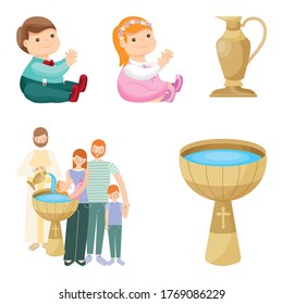 family and baptism with baptismal font and babies. vector illustration
