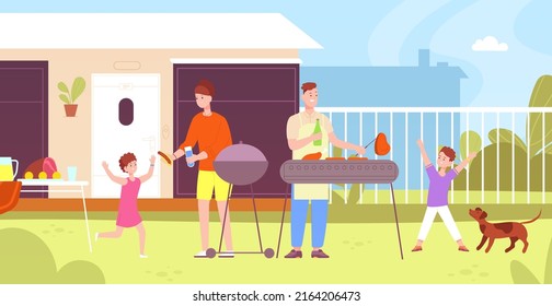 Family barbecue in backyard. BBQ party outside house, barbeque cooking meat on yard home garden park summer nature, eating grill children food wine, vector illustration of bbq together on backyard