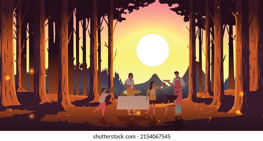 Family Barbecue BBQ picnic celebrate in forest mountains sunset
