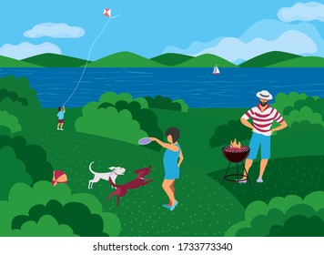 Family barbecue BBQ picnic on nature flat vector. Summer outdoors activity concept. River bank scene cartoon background. Season holiday leisure background. Weekend barbecue of father children, pet