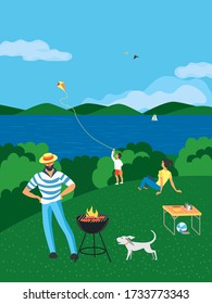 Family barbecue BBQ picnic on nature flat vector. Summer outdoors activity concept. River bank scene cartoon background. Season holiday leisure background. Weekend barbecue of father children, pet