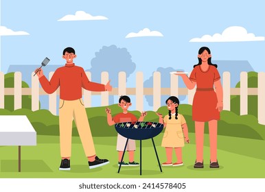 Family barbecue concept. Father and mother with son and daughter near grill. BBQ with meat, pork and steak. Picnic at backyard with meat and vegetables. Cartoon flat vector illustration