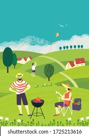 Family barbecue countryside picnic flat vector. Summer outdoors activity concept. Rural scene cartoon background. Season holiday leisure banner background. Weekend BBQ of father, mother, son on nature