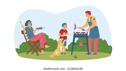 Family barbecue grill lunch at the garden. Father cooking grilled sausage, kid playing with dog and mom sitting on garden chair with plate in her hand and eat stick food. Flat vector illustration.