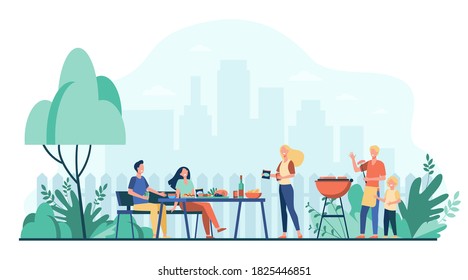 Family barbecue party in backyard. People grilling food in park or garden, sitting at table and eating. For outside, festive dinner and summer cooking concept.