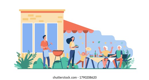 Family barbecue party. Happy mother, father, grandparents and kid cooking bbq meat and having dinner in backyard. Vector illustration for weekend, leisure, picnic, togetherness concepts