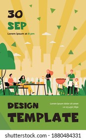 Family barbecue party on backyard. People grilling food in park or garden, sitting at table and eating. For cooking outside, festive dinner, summer concept
