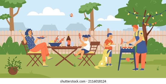 Family barbecue party on the backyard flat vector horizontal banner. Dad cook grill sausage, kid play with dog, mom eat grill food sitting at the garden table. Family bbq lunch in the garden outside.