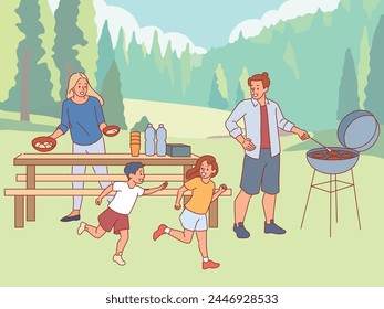 Fiesta de barbacoa familiar. Los padres cocinan carne en la parrilla, los niños juegan al aire libre, almuerzo en la naturaleza, gente feliz que se relaja activamente, ocio al aire libre juntos, concepto de Vector de estilo plano de dibujos animados