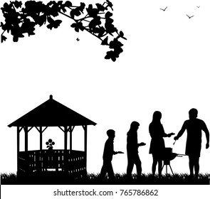 Family Barbecue And Picnic In The Garden Silhouette, One In The Series Of Similar Images