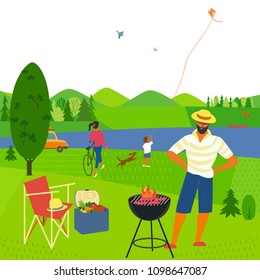 Family barbecue picnic. Summer outdoors concept. Cartoon colorful poster. Season holiday leisure banner background. Mountain valley, lake, green hills. Weekend BBQ of father, mother, son on nature