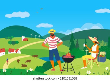 Family barbecue picnic. Summer outdoors concept. Cartoon colorful poster. Season holiday leisure banner background. Mountain valley in green wood hills. Weekend BBQ of young happy couple on nature