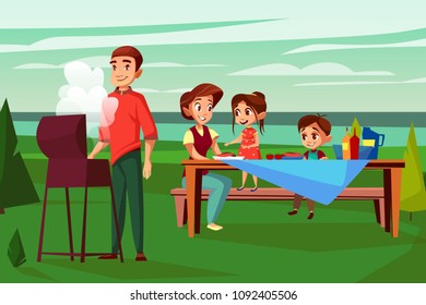 Family at barbecue picnic vector illustration. Cartoon design of father man frying at BBQ grill and mother with children boy and girl together sitting at picnic table in outdoor nature