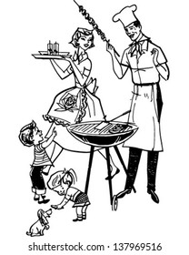 Family Barbecue - Retro Clip Art Illustration