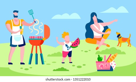 Family Barbeque in Countryside Flat Illustration. Cartoon Father Cooking Sausages. Female Pet Lover Sitting on Lawn. Cute Toddler Tasting Watermelon Slice. Happy Childhood. Summer Recreation, Relax