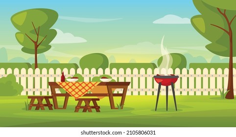 Family Barbeque In House Backyard With Grill And Picnic Table. Outdoor Bbq Summer Party In Garden Patio Cartoon Vector Illustration. Lawn With Furniture And Equipment For Meat Roasting