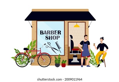 Family barber shop business bundle of flat scenes. Owners and customers. Vector illustration EPS10