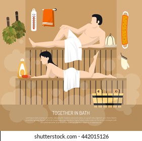 Family Bath Visit Flat Poster Man And Woman Wearing Towels In Sauna Steam Room Together Vector Illustration 