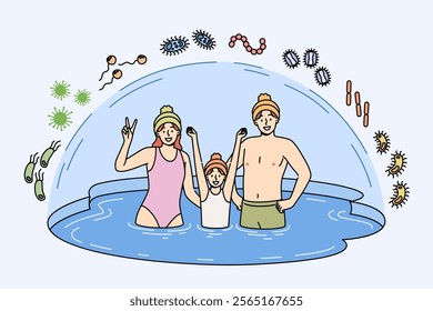 Family bathes in ice pond to improve immunity, and stands in water covered with dome that saves them from bacteria. People visit font or ice pond during holiday of baptism in christian religion