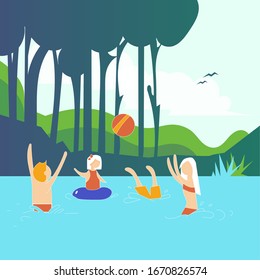 Family bathes in river. Dad and mom play ball, son dives and daughter swims in a lifebuoy. Color cartoon flat vector illustration. Lifestyle concept for banner and web design outdoor activity