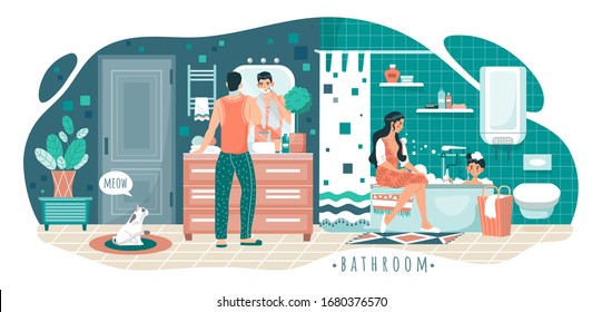 Family in bathroom, morning hygiene routine, vector illustration. Man shaving, boy bathing, woman sitting on bathtub. Happy parents and son together in bathroom, people cartoon characters