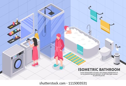 Family bathroom with shower cabin cubicle washing machine isometric composition with taking bath brushing teeth vector illustration 