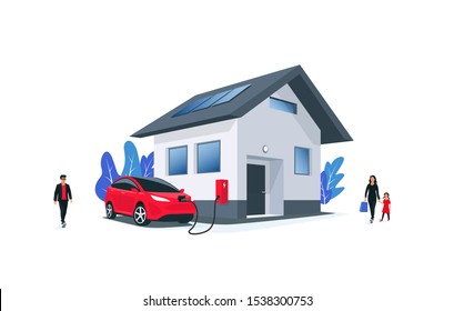 Family battery electric car charging at home charger station with solar panels on roof. Charge on house wall box EV charger. Space for your text. Isolated vector illustration on white background. 