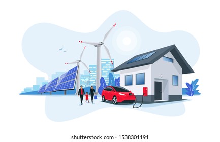 Family Battery Electric Car Charging At Home Charger Station Renewable Energy Storage With Wind Solar Panels Power Station And City Skyline. Charge On House Wall Box EV Charger. Space For Your Text.