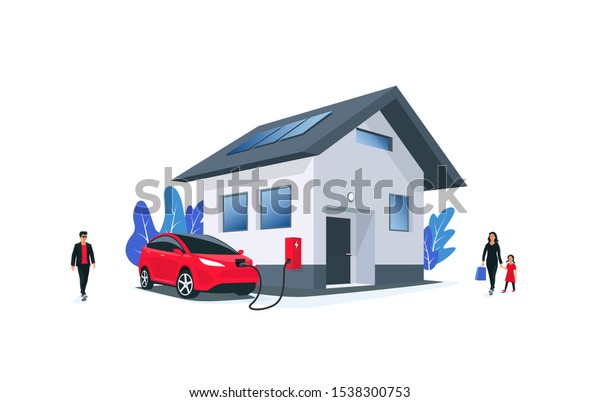 Family battery electric car charging at home charger\
station with solar panels on roof. Charge on house wall box EV\
charger. Space for your text. Isolated vector illustration on white\
background. 